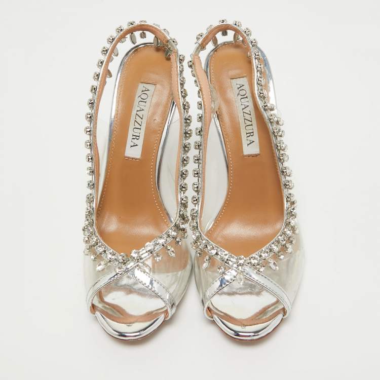 Pre Owned Aquazzura Silver Leather and PVC Temptation Slingback Pumps Size 37