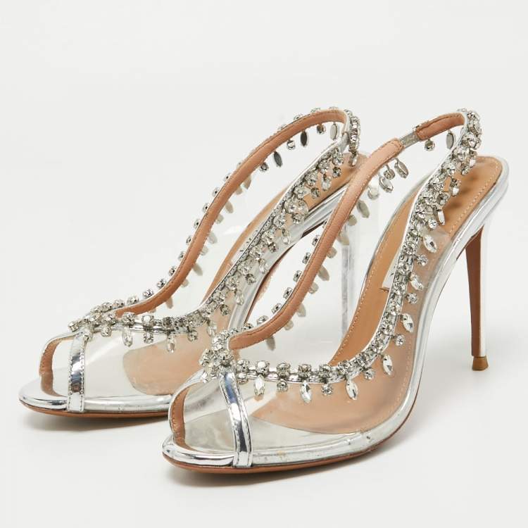 Pre Owned Aquazzura Silver Leather and PVC Temptation Slingback Pumps Size 37
