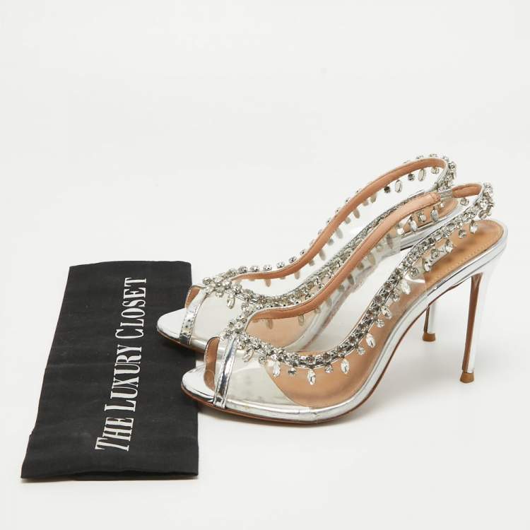 Pre Owned Aquazzura Silver Leather and PVC Temptation Slingback Pumps Size 37