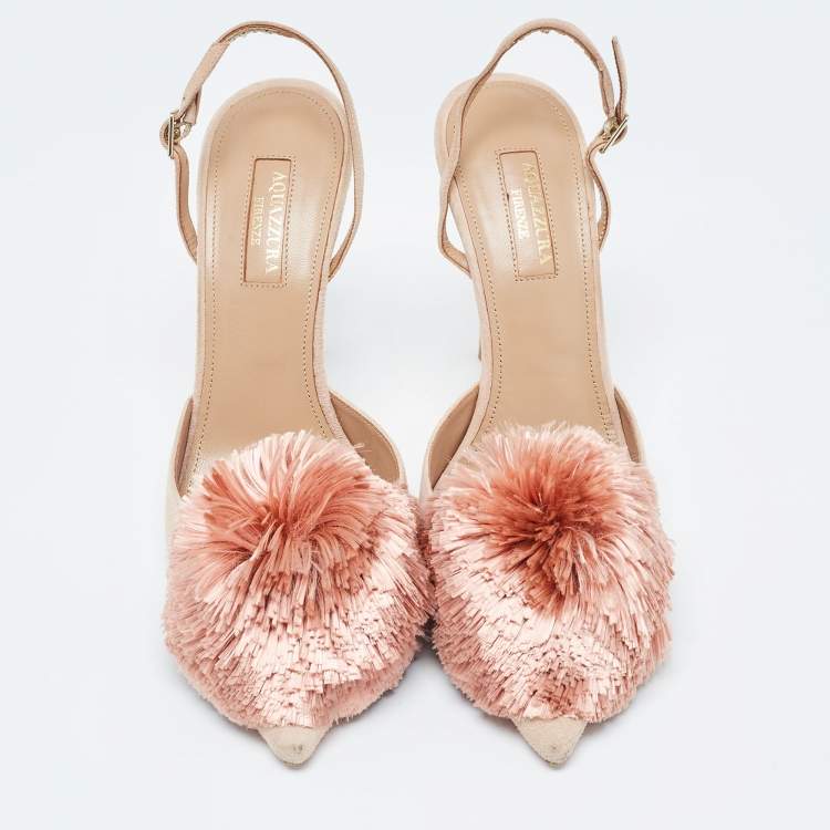 مملوكة مسبقًا Aquazzura Beige Suede Pom Pom Pointed Toe Ankle Strap Pumps Size 38