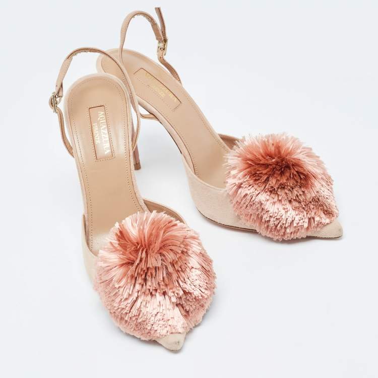 مملوكة مسبقًا Aquazzura Beige Suede Pom Pom Pointed Toe Ankle Strap Pumps Size 38