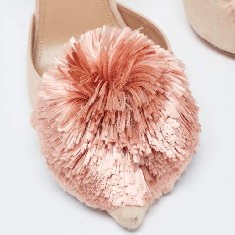 مملوكة مسبقًا Aquazzura Beige Suede Pom Pom Pointed Toe Ankle Strap Pumps Size 38