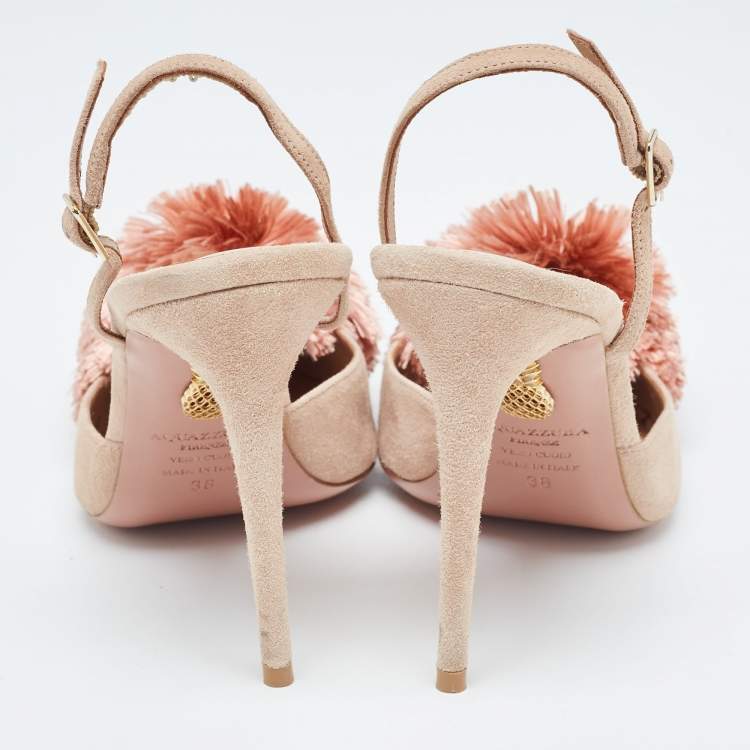 مملوكة مسبقًا Aquazzura Beige Suede Pom Pom Pointed Toe Ankle Strap Pumps Size 38