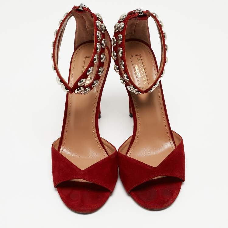 Pre Owned Aquazzura Red Suede Studded DJ Sandals Size 38