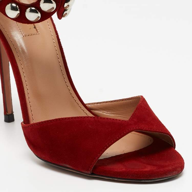 Pre Owned Aquazzura Red Suede Studded DJ Sandals Size 38