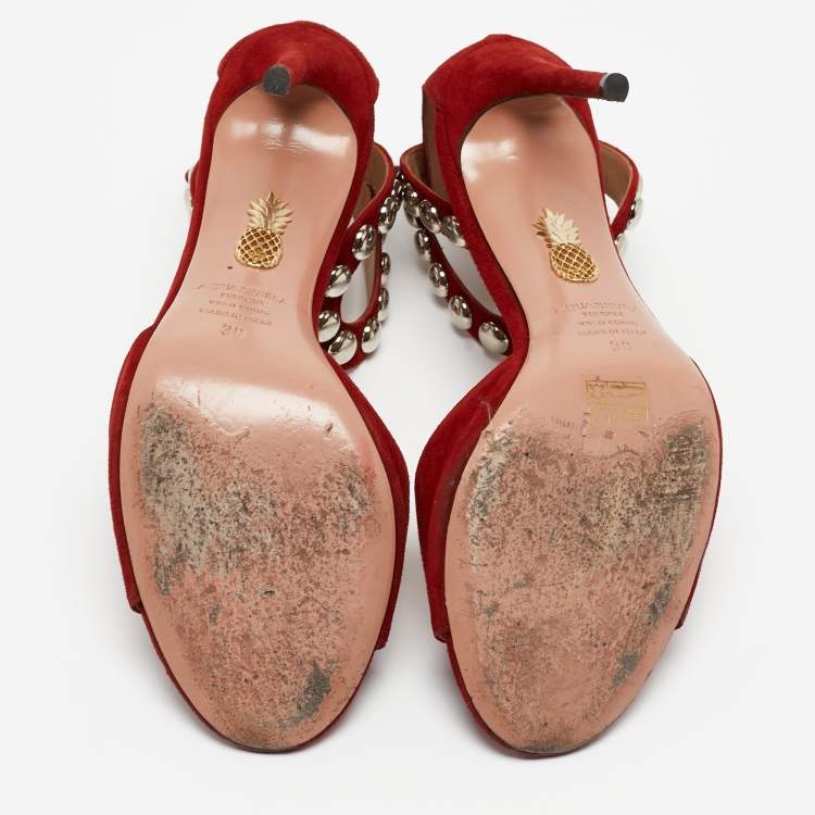 Pre Owned Aquazzura Red Suede Studded DJ Sandals Size 38