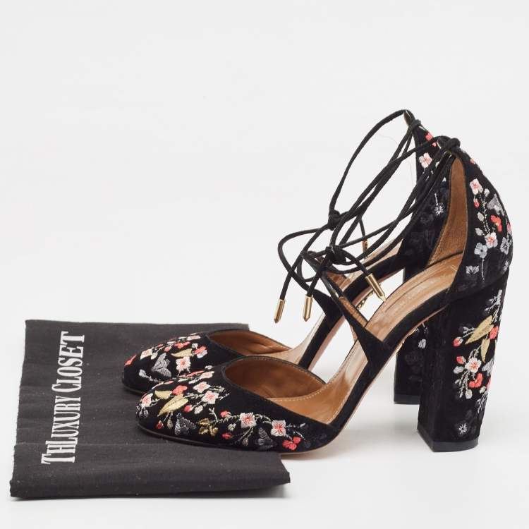 مملوكة مسبقًا Aquazzura Black Suede Karlie Embroidered Block Heel Pumps Size 37