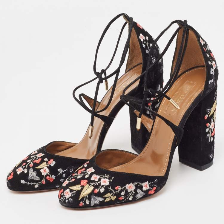 مملوكة مسبقًا Aquazzura Black Suede Karlie Embroidered Block Heel Pumps Size 37