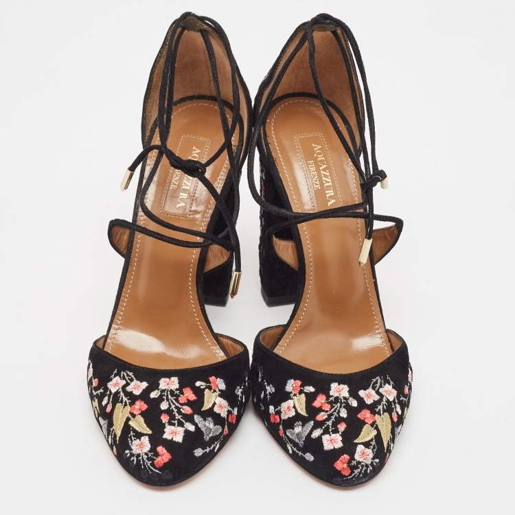مملوكة مسبقًا Aquazzura Black Suede Karlie Embroidered Block Heel Pumps Size 37