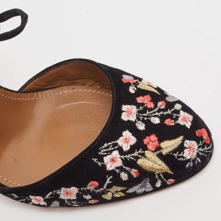 مملوكة مسبقًا Aquazzura Black Suede Karlie Embroidered Block Heel Pumps Size 37