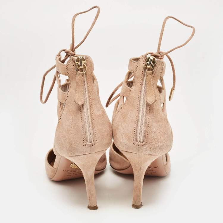 Pre Owned Aquazzura Pink Suede Belgravia Lace Up Pointed Toe Pumps Size 37.5