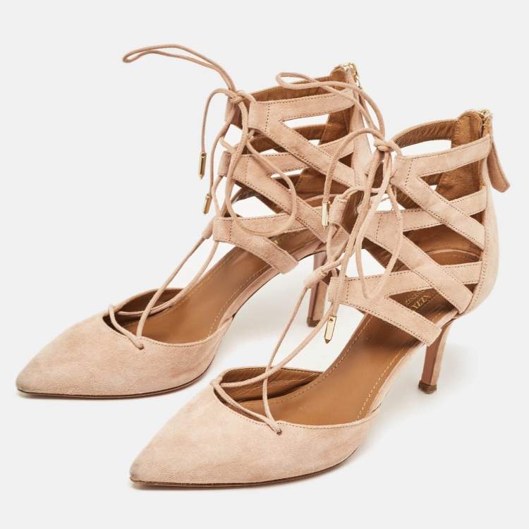 Pre Owned Aquazzura Pink Suede Belgravia Lace Up Pointed Toe Pumps Size 37.5