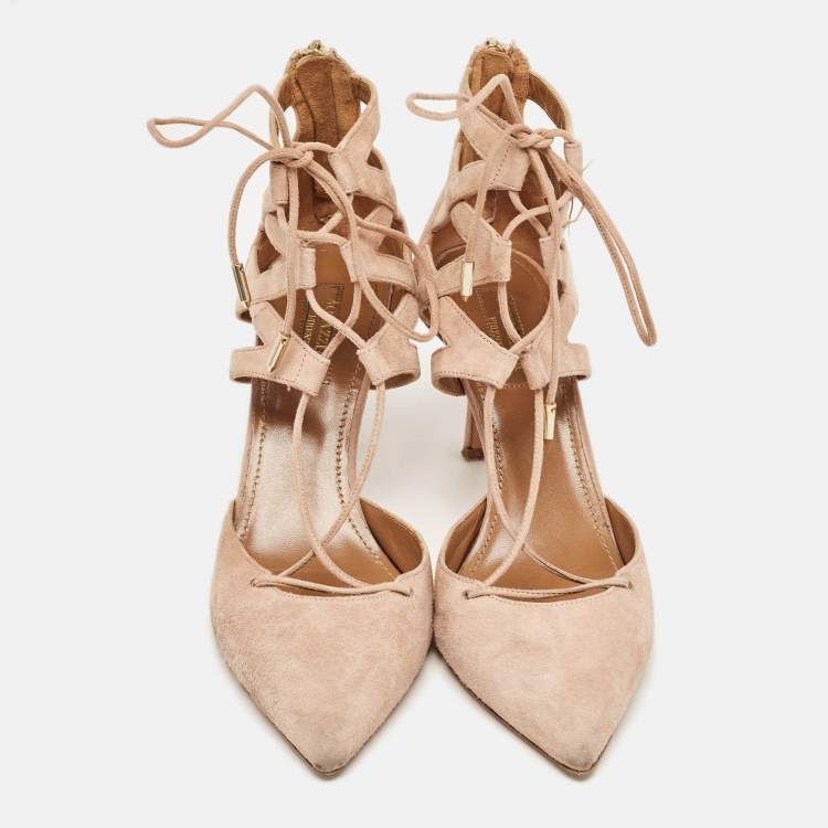 Pre Owned Aquazzura Pink Suede Belgravia Lace Up Pointed Toe Pumps Size 37.5