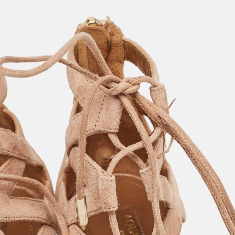 Pre Owned Aquazzura Pink Suede Belgravia Lace Up Pointed Toe Pumps Size 37.5