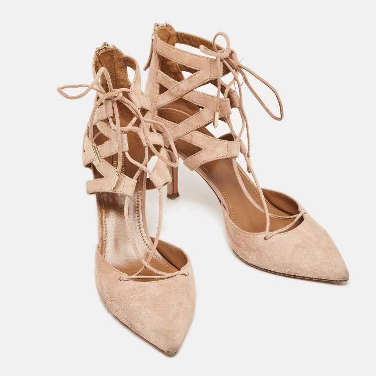 Pre Owned Aquazzura Pink Suede Belgravia Lace Up Pointed Toe Pumps Size 37.5