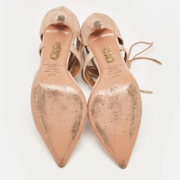 Pre Owned Aquazzura Pink Suede Belgravia Lace Up Pointed Toe Pumps Size 37.5