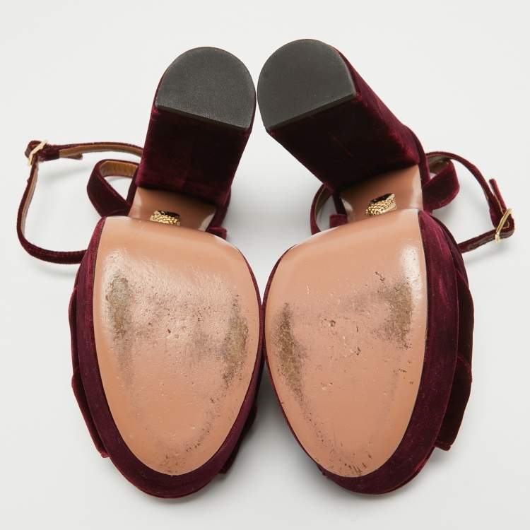 Pre Owned Aquazzura Burgundy Velvet Mira Ankle Straps Sandals Size 37