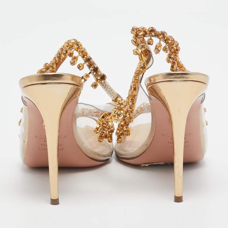 Pre Owned Aquazzura Gold Leather and PVC Temptation Slingback Pumps Size 37