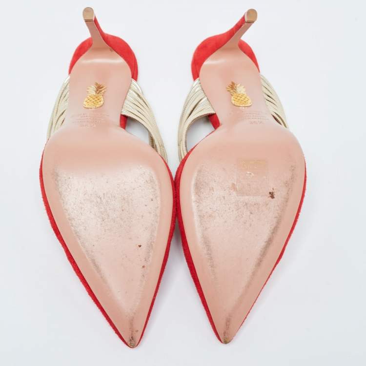 Pre Owned Aquazzura Red/Gold Suede and Leather Rendez Vous Slides Size  36.5
