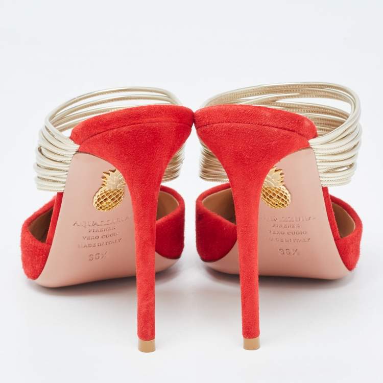 Pre Owned Aquazzura Red/Gold Suede and Leather Rendez Vous Slides Size  36.5