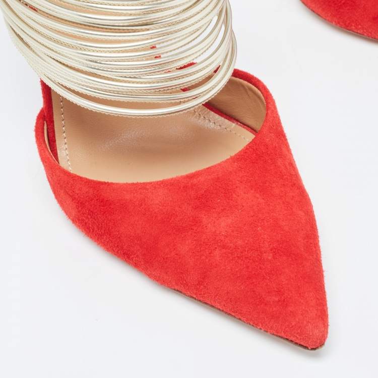 Pre Owned Aquazzura Red/Gold Suede and Leather Rendez Vous Slides Size  36.5