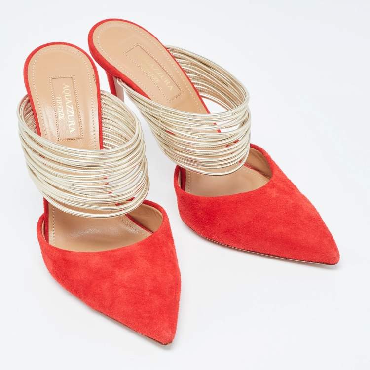 Pre Owned Aquazzura Red/Gold Suede and Leather Rendez Vous Slides Size  36.5