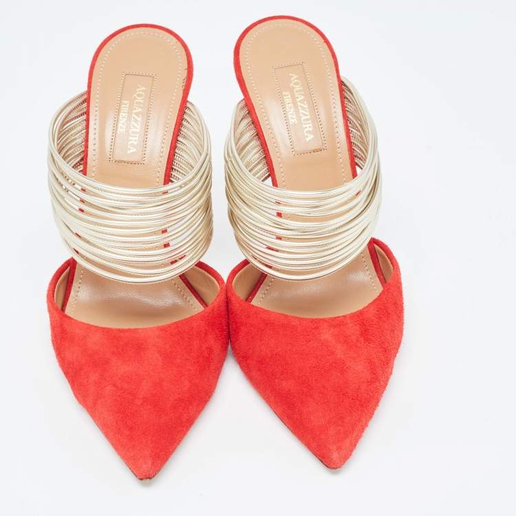 Pre Owned Aquazzura Red/Gold Suede and Leather Rendez Vous Slides Size  36.5