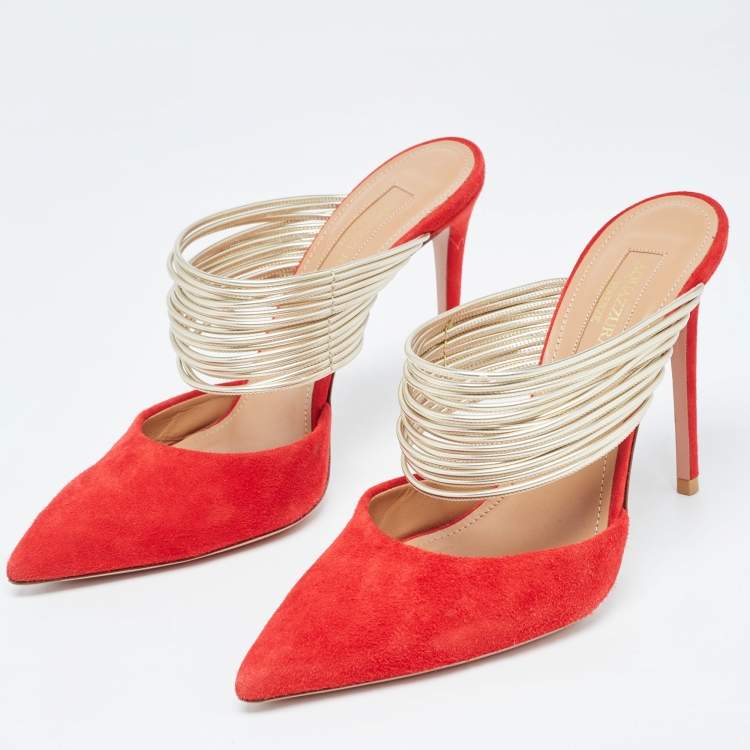 Pre Owned Aquazzura Red/Gold Suede and Leather Rendez Vous Slides Size  36.5