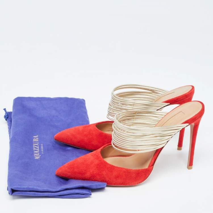 Pre Owned Aquazzura Red/Gold Suede and Leather Rendez Vous Slides Size  36.5