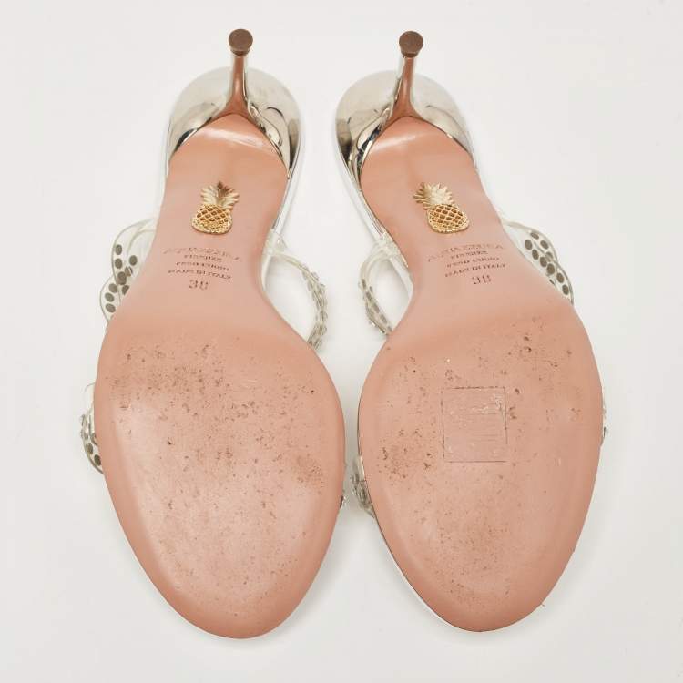Pre Owned Aquazzura Transparent PVC and Crystal Embellished Strappy Slide Sandals Size 38