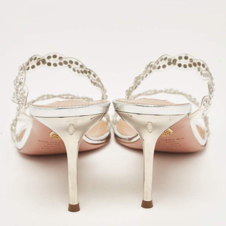 Pre Owned Aquazzura Transparent PVC and Crystal Embellished Strappy Slide Sandals Size 38