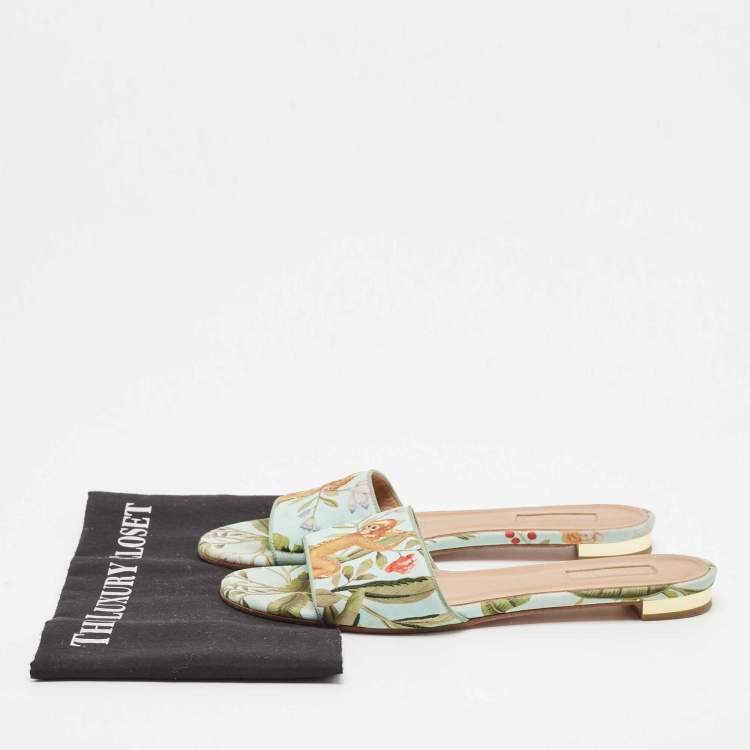 Pre Owned Aquazzura Turquoise Fabric Tropical Monkey Print Flat Slides Size 39.5