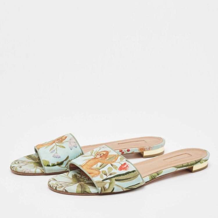 Pre Owned Aquazzura Turquoise Fabric Tropical Monkey Print Flat Slides Size 39.5