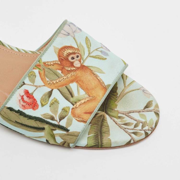 Pre Owned Aquazzura Turquoise Fabric Tropical Monkey Print Flat Slides Size 39.5