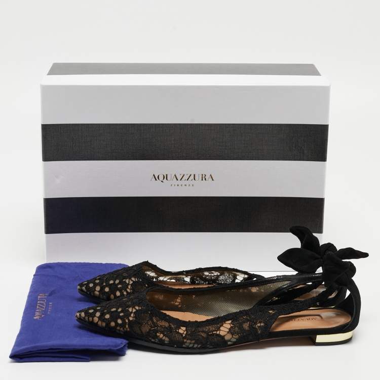 Pre Owned Aquazzura Black Mesh and Suede Bow Tie Flats Size 38