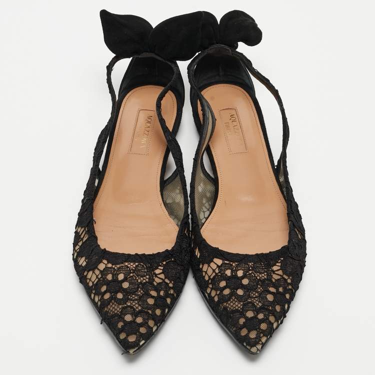Pre Owned Aquazzura Black Mesh and Suede Bow Tie Flats Size 38
