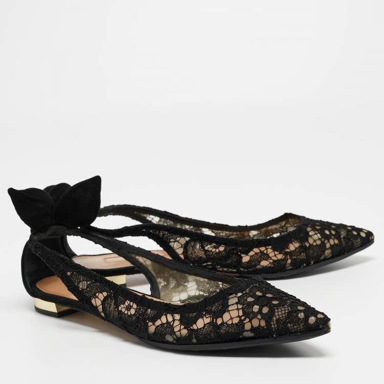 Pre Owned Aquazzura Black Mesh and Suede Bow Tie Flats Size 38
