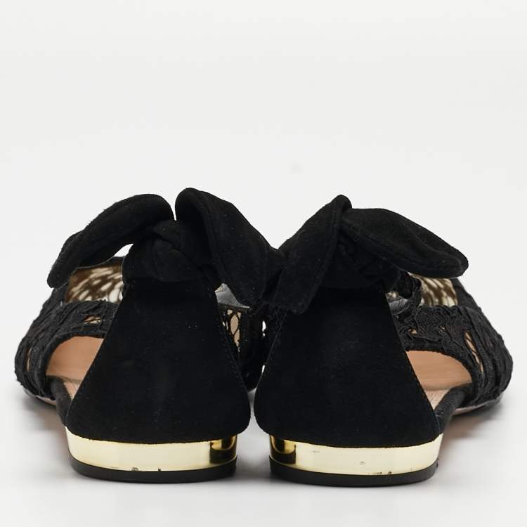 Pre Owned Aquazzura Black Mesh and Suede Bow Tie Flats Size 38