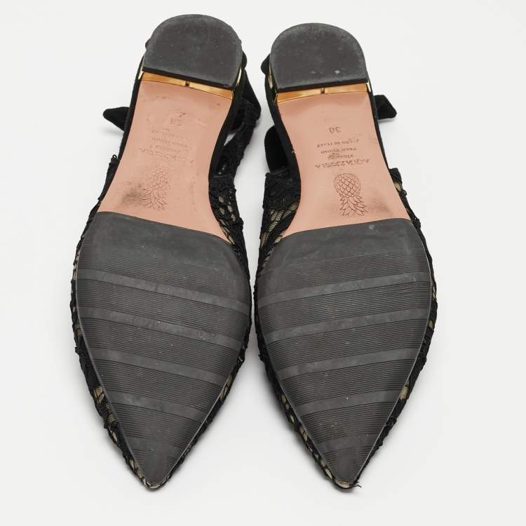 Pre Owned Aquazzura Black Mesh and Suede Bow Tie Flats Size 38
