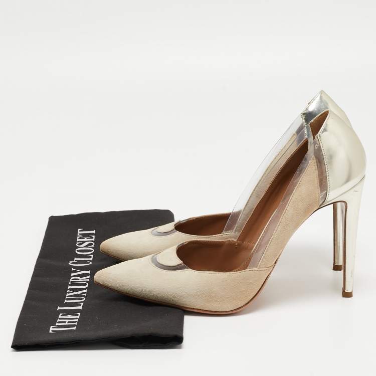 Pre Owned Aquazzura Beige/Gold Suede, Leather and PVC Pointed Toe Pumps Size 40