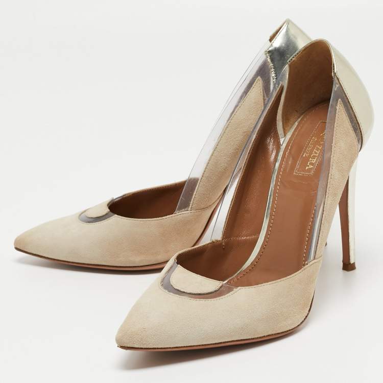 Pre Owned Aquazzura Beige/Gold Suede, Leather and PVC Pointed Toe Pumps Size 40