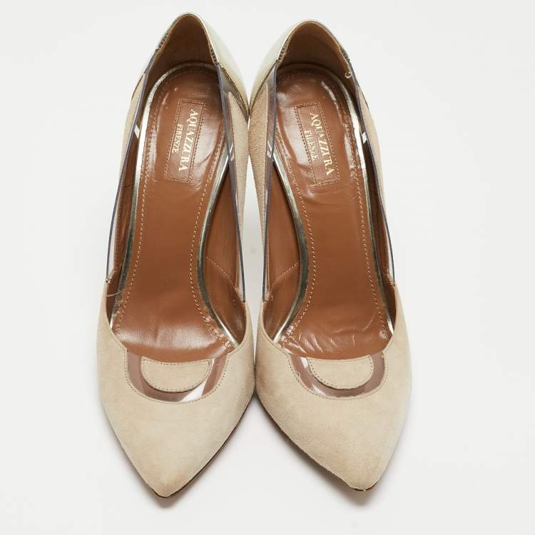 Pre Owned Aquazzura Beige/Gold Suede, Leather and PVC Pointed Toe Pumps Size 40