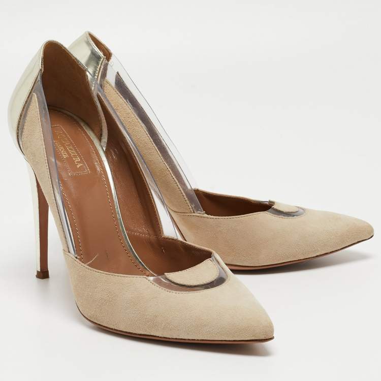 Pre Owned Aquazzura Beige/Gold Suede, Leather and PVC Pointed Toe Pumps Size 40