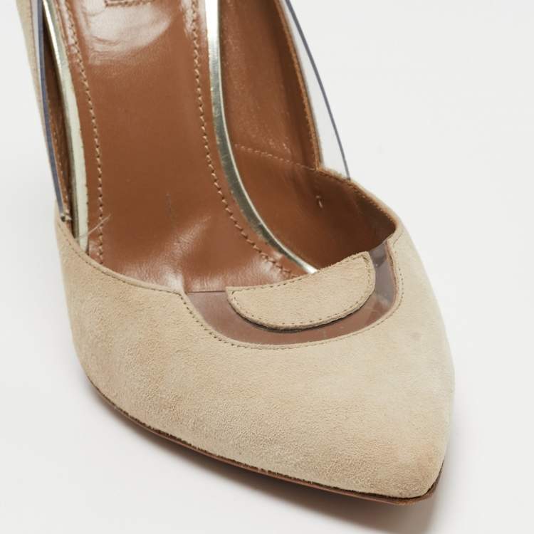 Pre Owned Aquazzura Beige/Gold Suede, Leather and PVC Pointed Toe Pumps Size 40