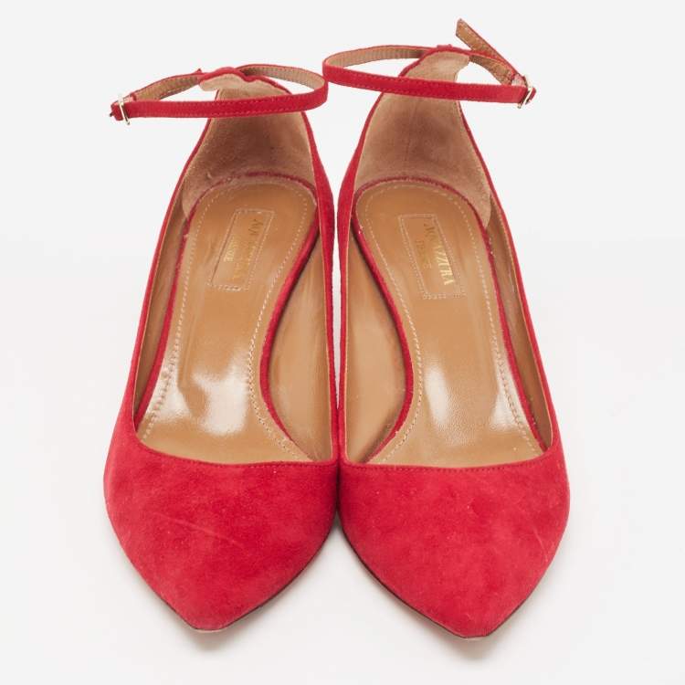 Pre Owned Aquazzura Red Suede Pointed Toe Pumps Size 37.5