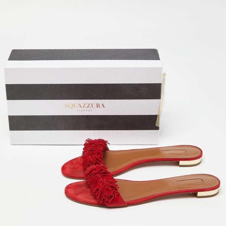 مملوكة مسبقًا Aquazzura Red Suede Fringe Flat Slides Size 41  