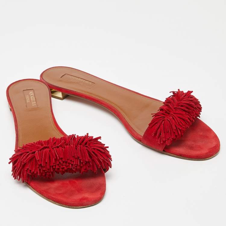 مملوكة مسبقًا Aquazzura Red Suede Fringe Flat Slides Size 41  
