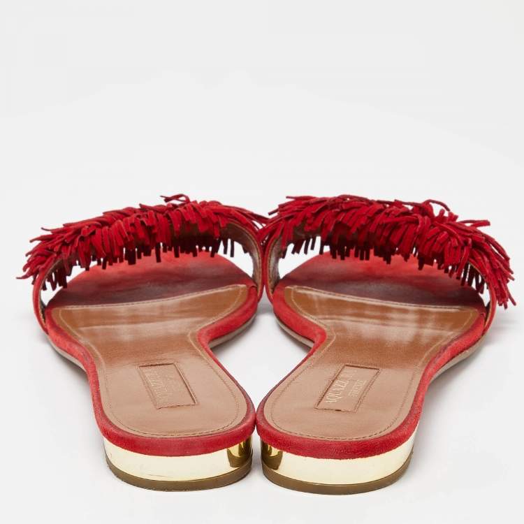 مملوكة مسبقًا Aquazzura Red Suede Fringe Flat Slides Size 41  