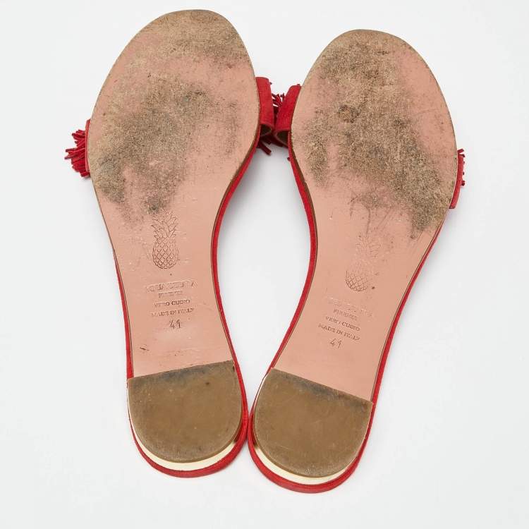 مملوكة مسبقًا Aquazzura Red Suede Fringe Flat Slides Size 41  