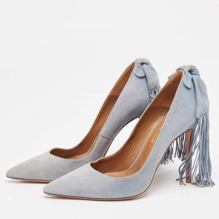 Pre Owned Aquazzura Grey Suede Bow Fringe Pumps Size 35